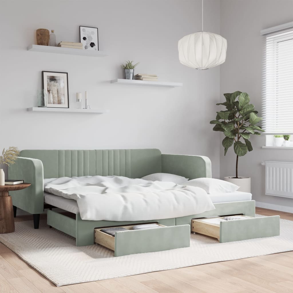 Sofá-cama c/ gavetão e gavetas 100x190 cm veludo cinzento-claro