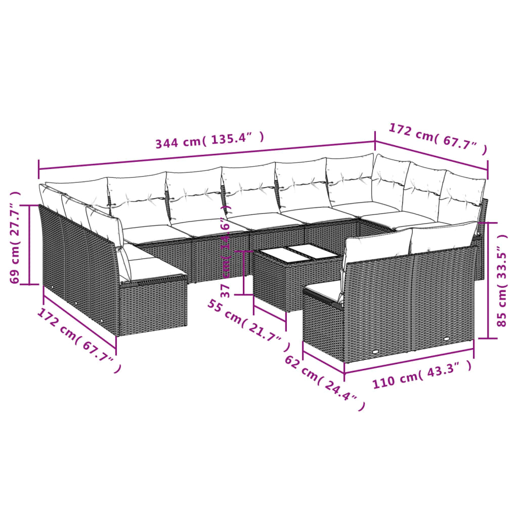 13 Pcs conjunto de sofás p/ jardim com almofadões vime PE bege