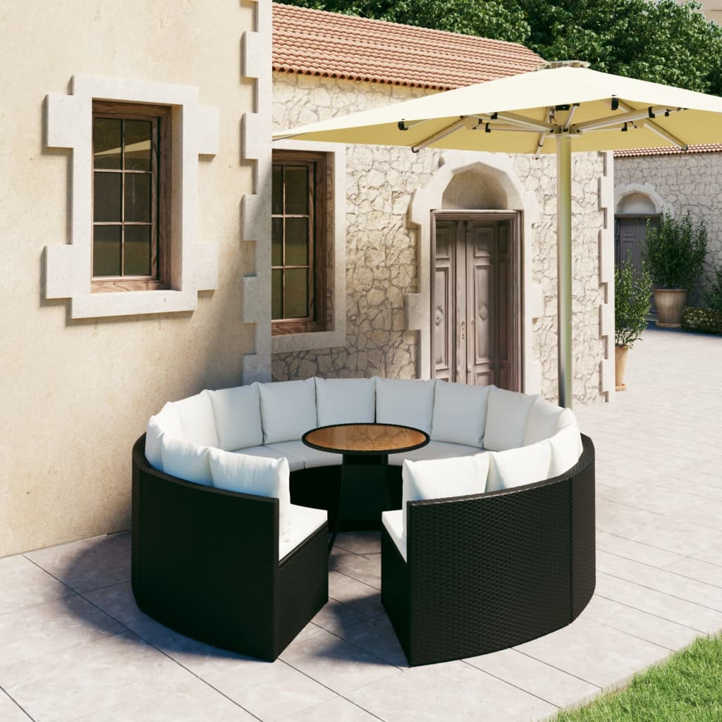 9 Pcs conjunto sofás de jardim c/ almofadões vime PE preto