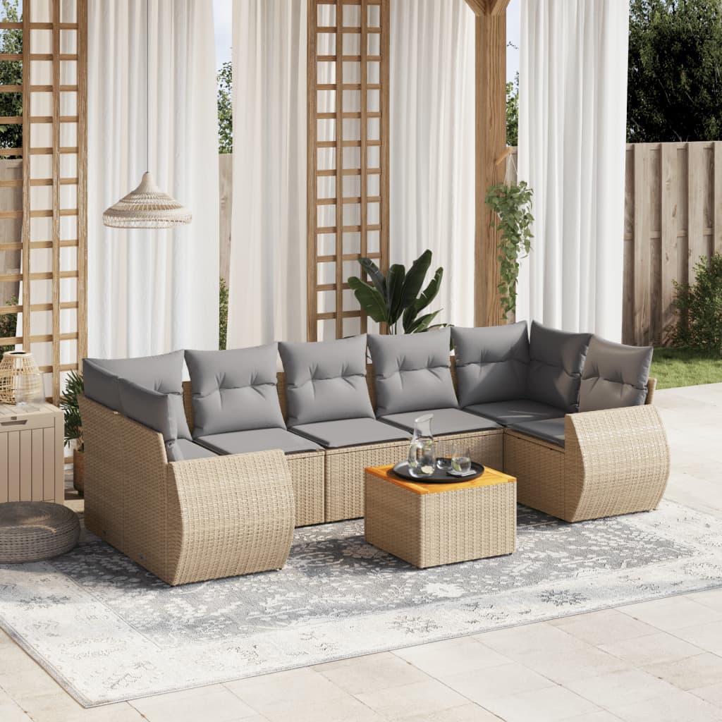 8 Pcs conjunto de sofás p/ jardim com almofadões vime PE bege