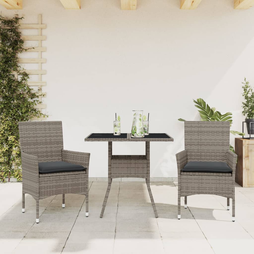 3 Pcs conjunto jantar jardim c/ almofadões vime PE/vidro cinza