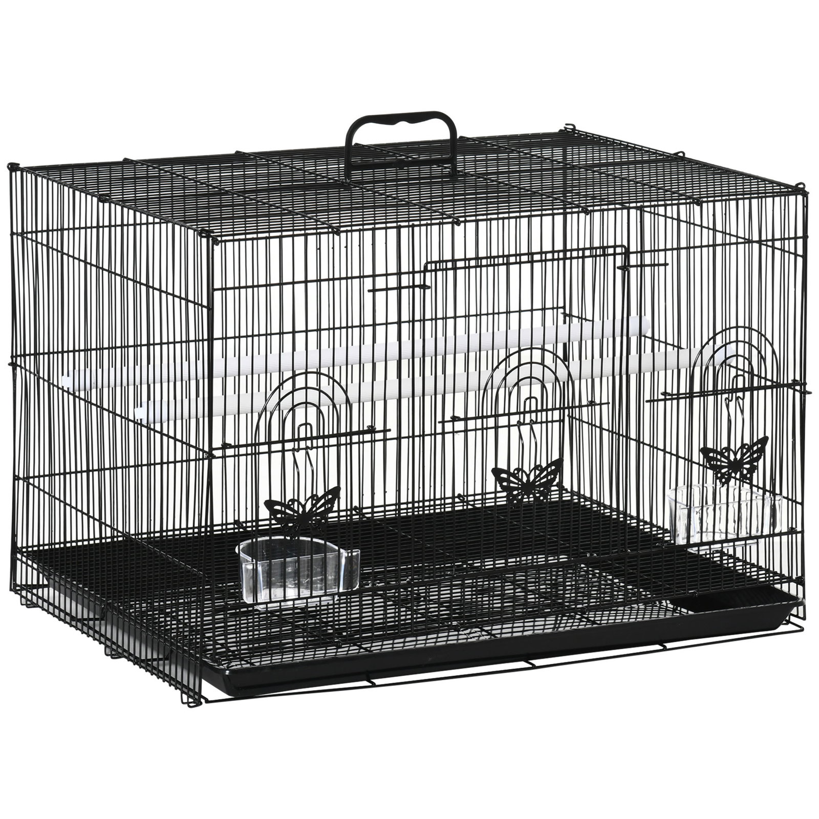 Gaiola para Pássaros 60x41x41cm Gaiola com 2 Poleiros e 3 Portas para Pássaros Pequenos Canários Preto