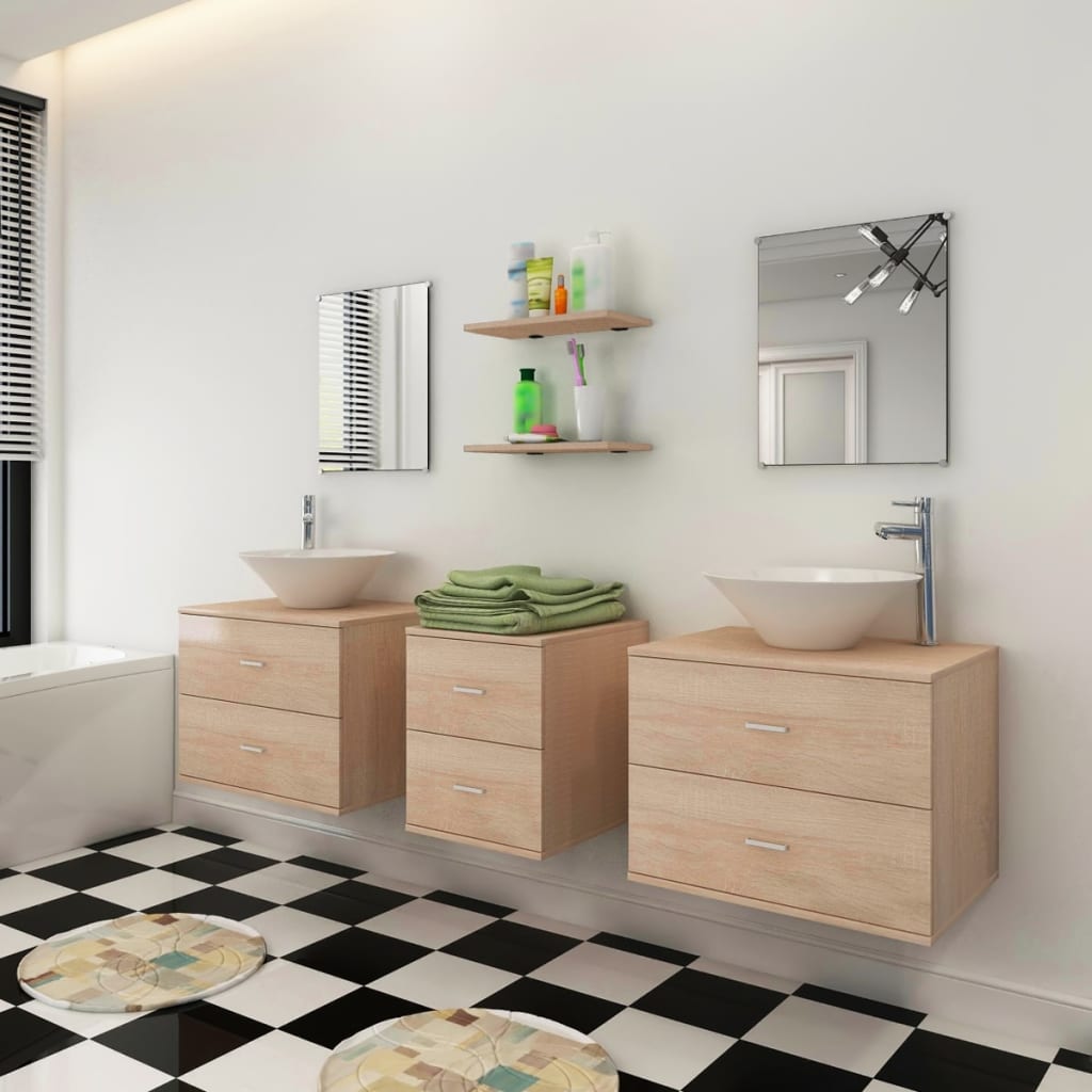 Conjunto móveis de wc + lavatório c/ torneira, 9 pcs, bege