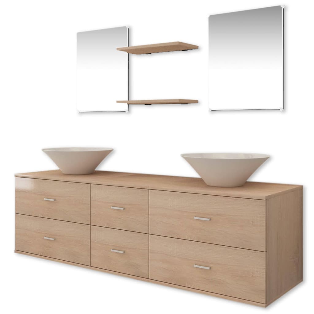 Conjunto móveis de wc + lavatório c/ torneira, 9 pcs, bege