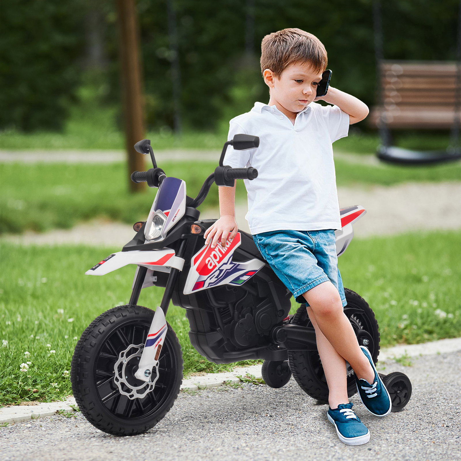 Mota elétrica infantil aprilia 12v rodas de apoio farol música porta USB amortecedor branco