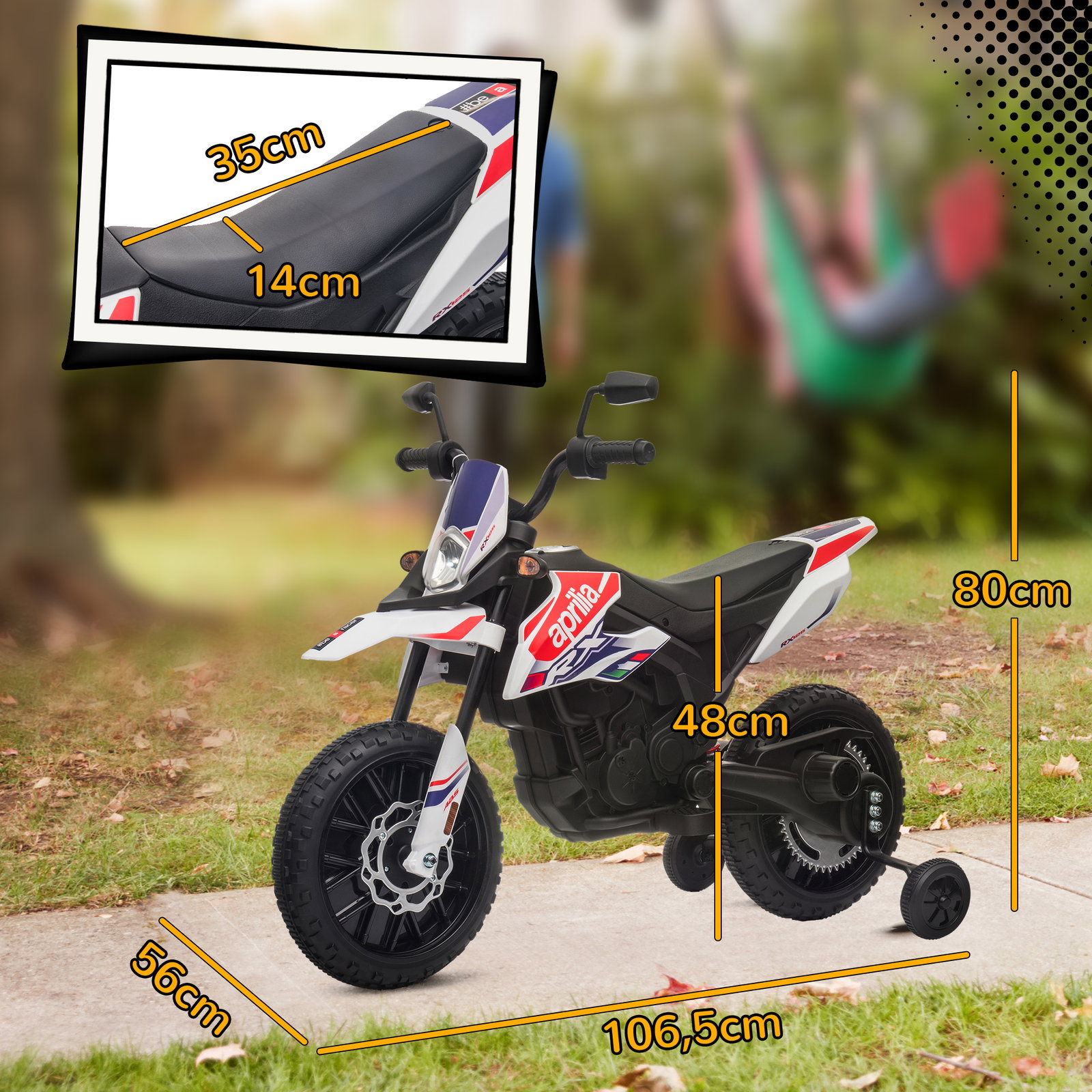 Mota elétrica infantil aprilia 12v rodas de apoio farol música porta USB amortecedor branco
