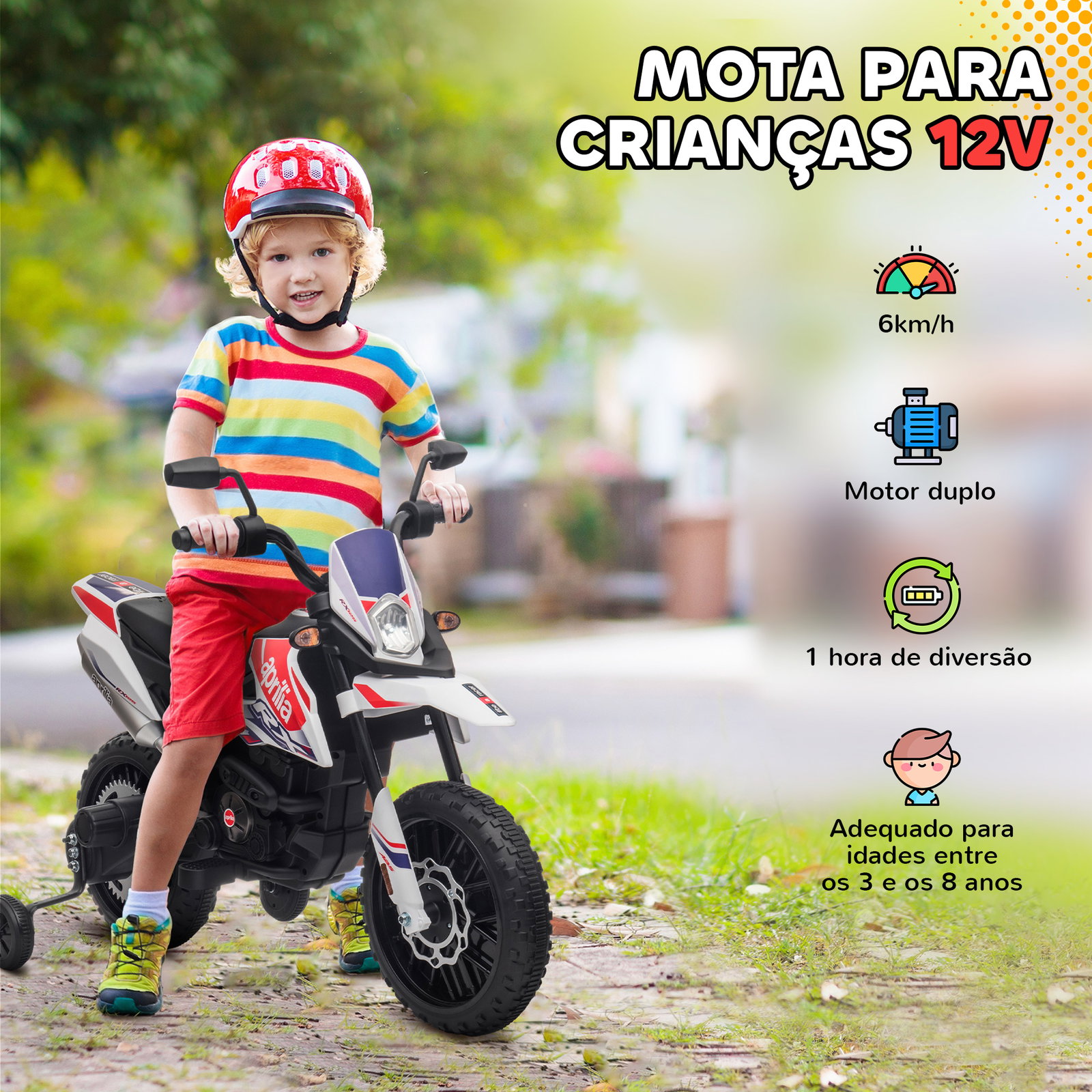 Mota elétrica infantil aprilia 12v rodas de apoio farol música porta USB amortecedor branco