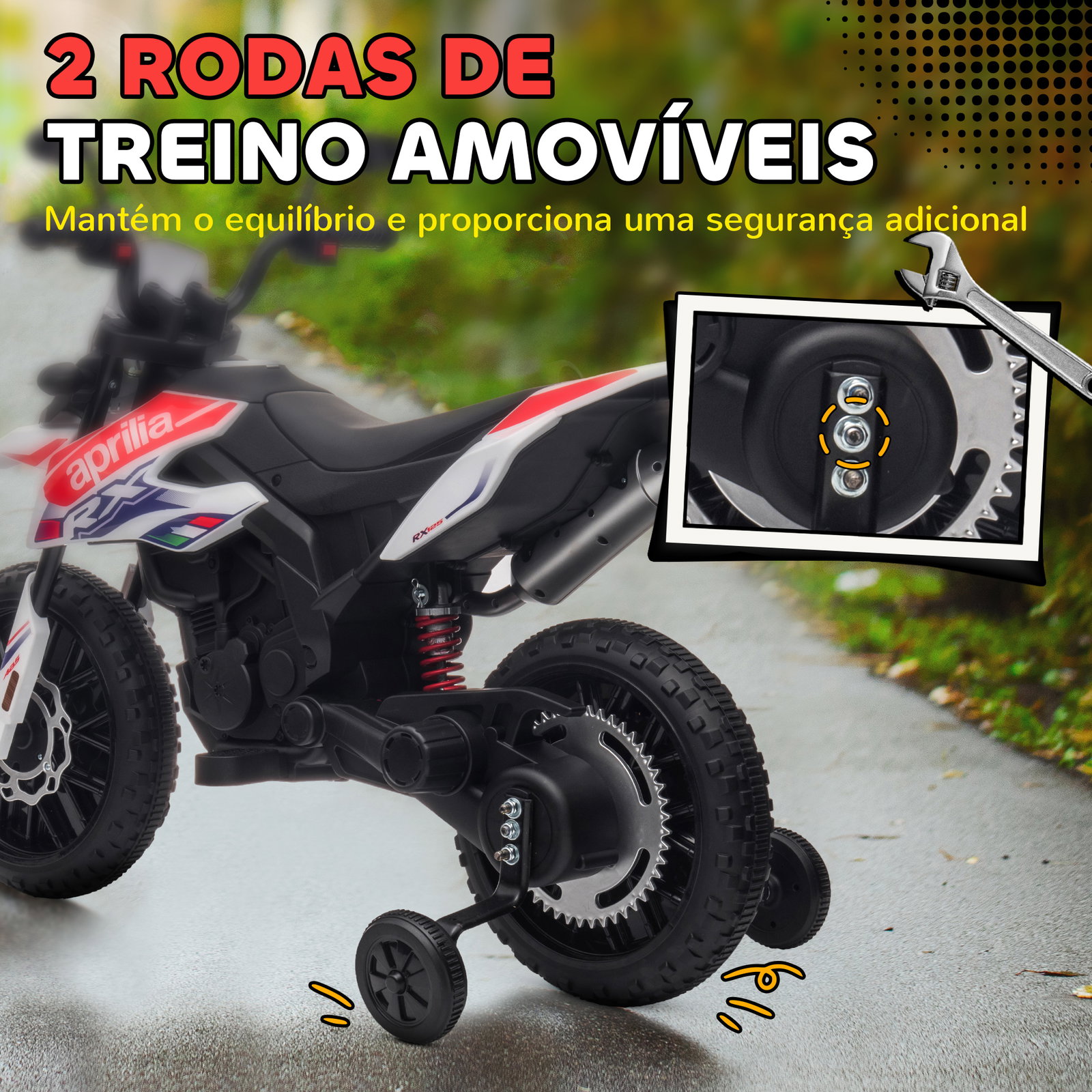 Mota elétrica infantil aprilia 12v rodas de apoio farol música porta USB amortecedor branco