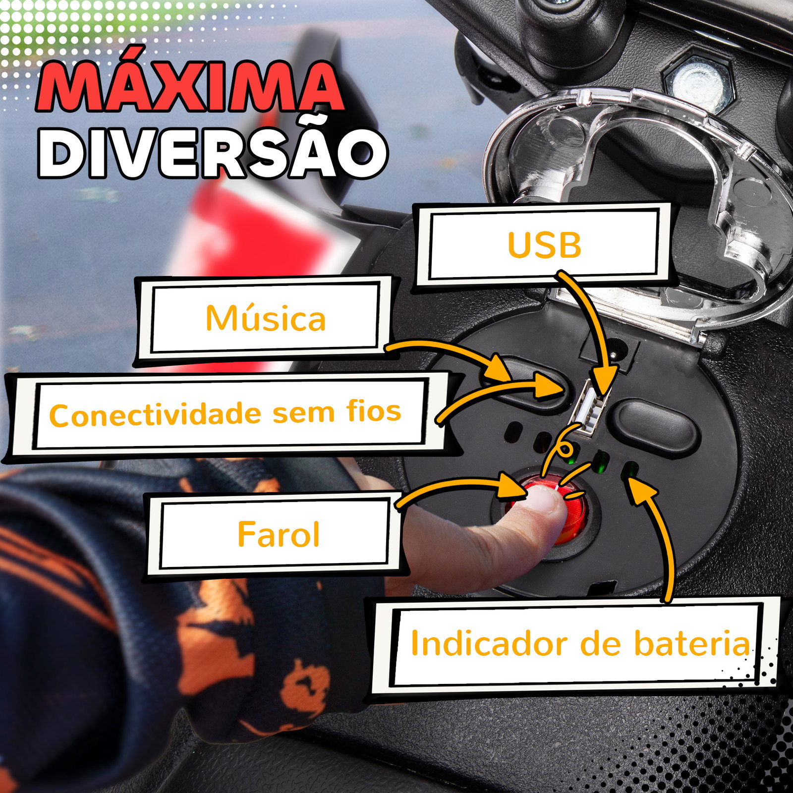 Mota elétrica infantil aprilia 12v rodas de apoio farol música porta USB amortecedor branco