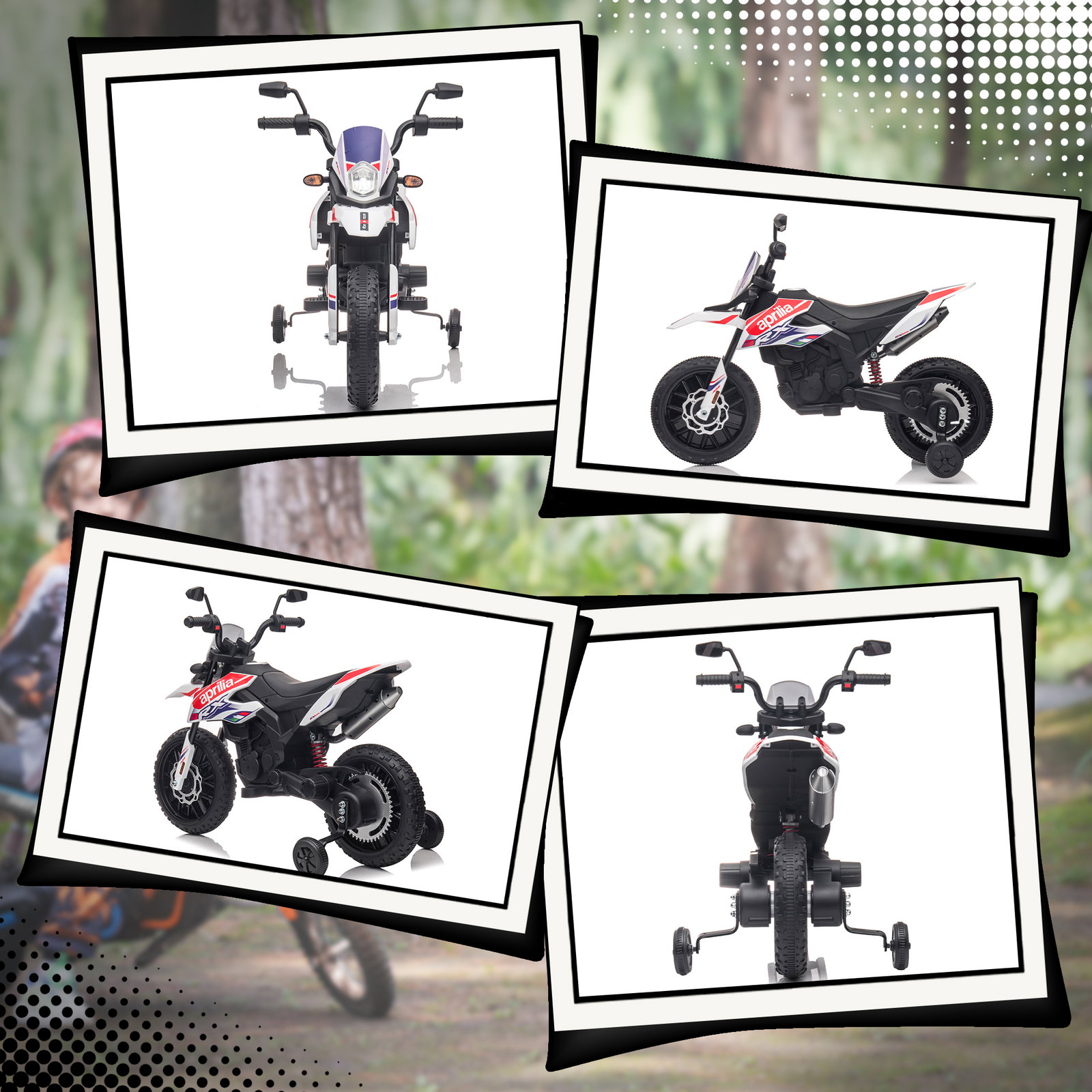 Mota elétrica infantil aprilia 12v rodas de apoio farol música porta USB amortecedor branco
