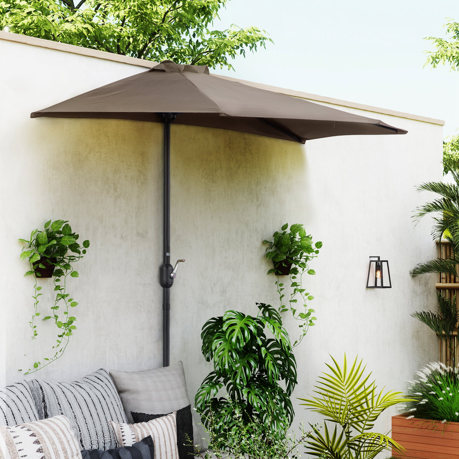 Guarda-sol 269x138x236 cm com manivela e forma semicircular de poliéster 180 g/m² para jardim, terraço, piscina e café