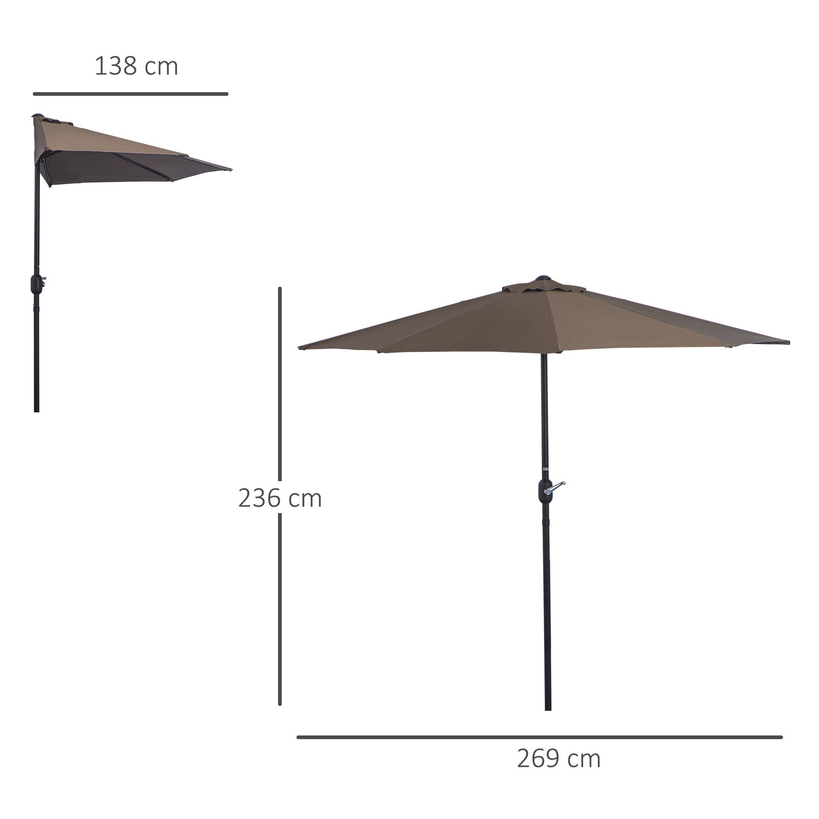 Guarda-sol 269x138x236 cm com manivela e forma semicircular de poliéster 180 g/m² para jardim, terraço, piscina e café