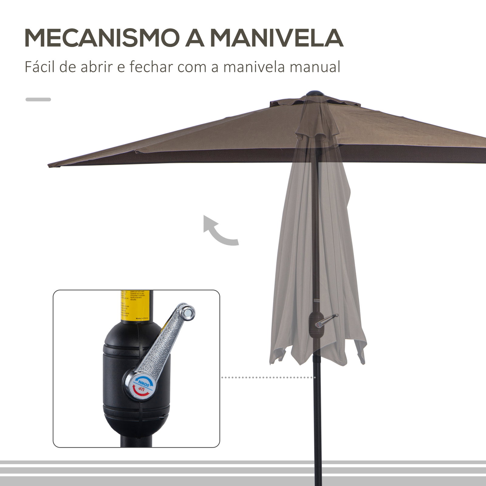 Guarda-sol 269x138x236 cm com manivela e forma semicircular de poliéster 180 g/m² para jardim, terraço, piscina e café