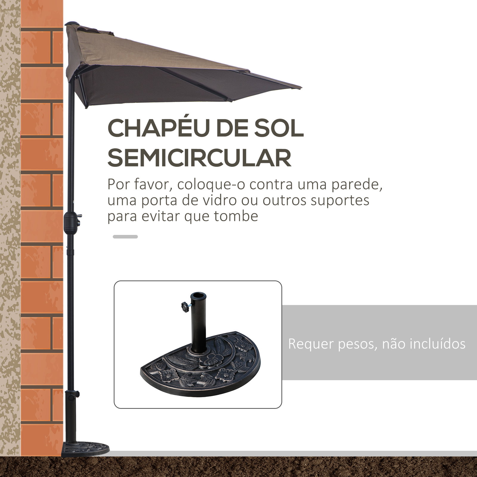 Guarda-sol 269x138x236 cm com manivela e forma semicircular de poliéster 180 g/m² para jardim, terraço, piscina e café