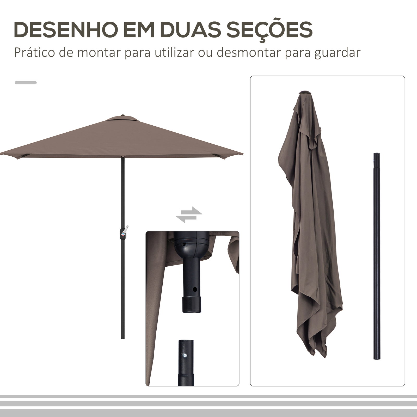 Guarda-sol 269x138x236 cm com manivela e forma semicircular de poliéster 180 g/m² para jardim, terraço, piscina e café