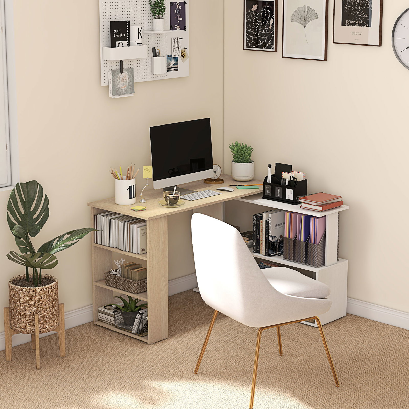 Mesa de computador secretária mesa de canto giratória 360° com 5 prateleiras 120x110x74,5 cm madeira e branco