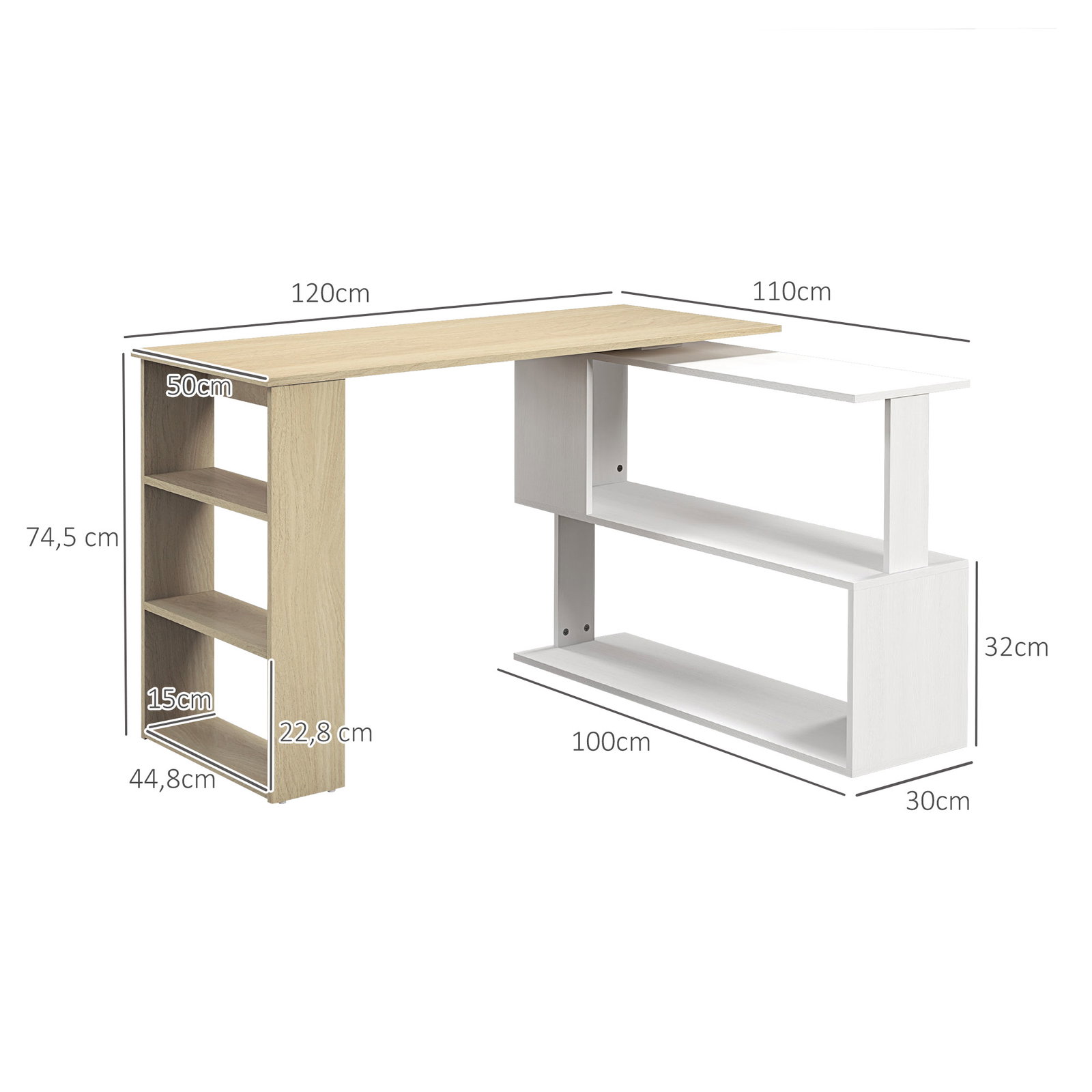 Mesa de computador secretária mesa de canto giratória 360° com 5 prateleiras 120x110x74,5 cm madeira e branco