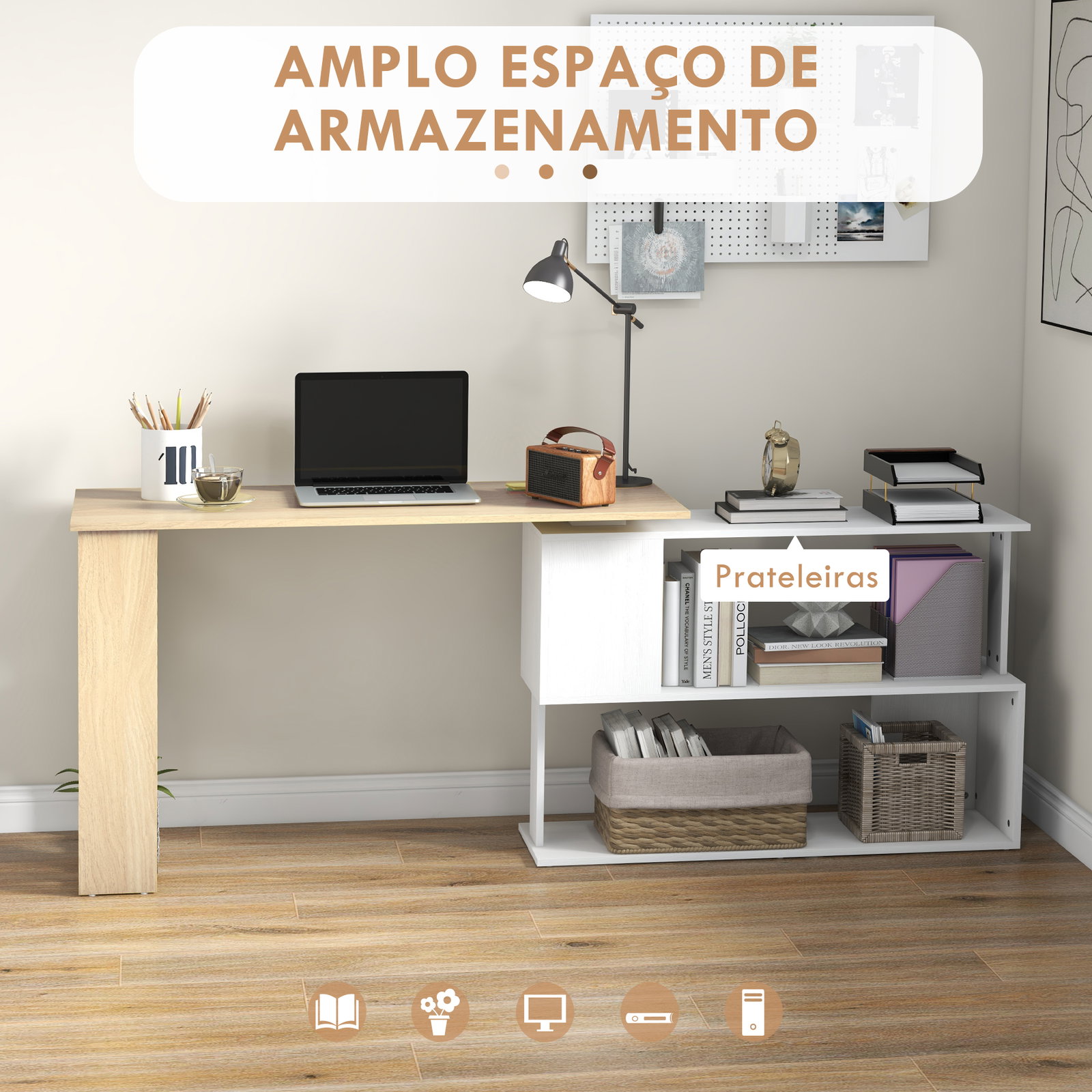 Mesa de computador secretária mesa de canto giratória 360° com 5 prateleiras 120x110x74,5 cm madeira e branco