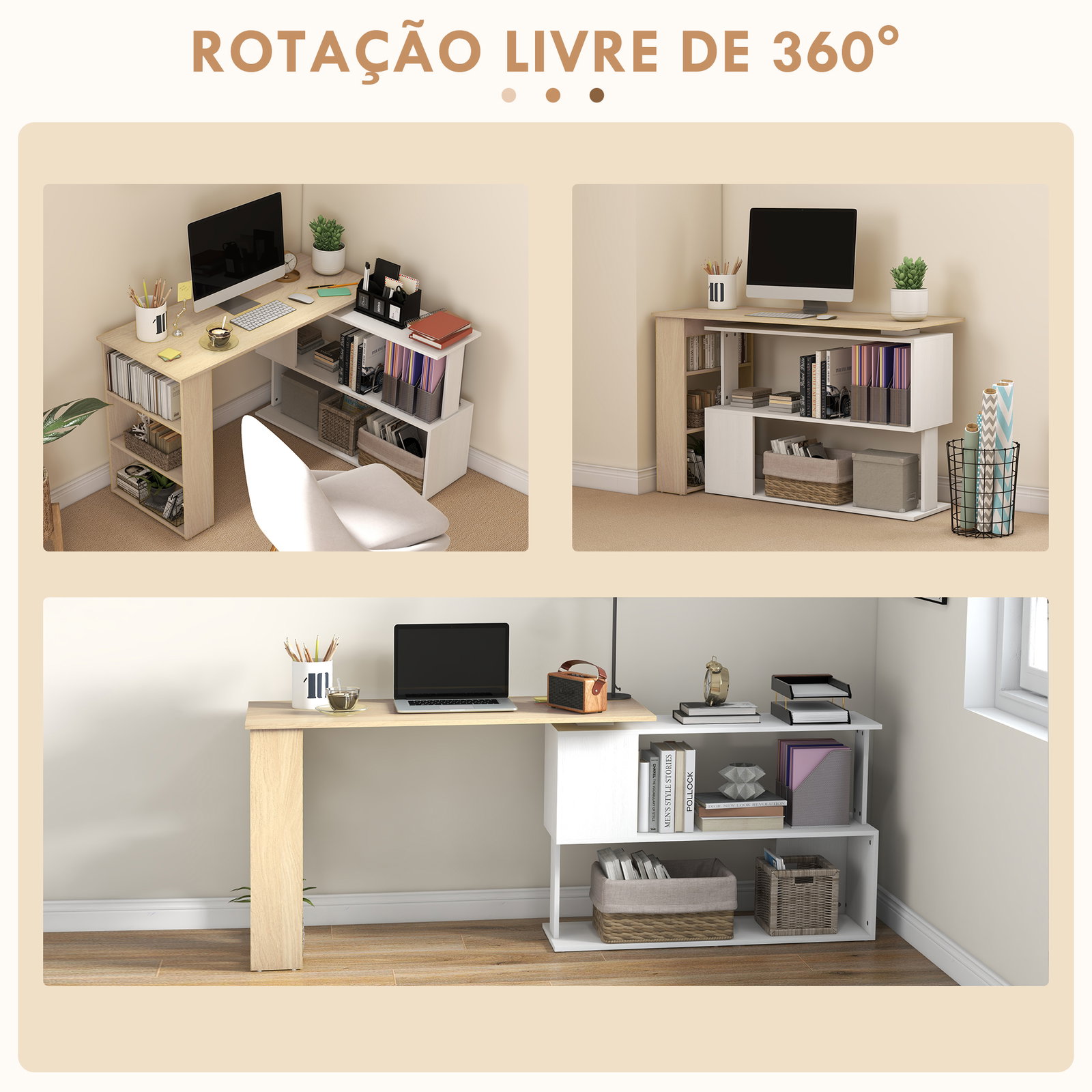 Mesa de computador secretária mesa de canto giratória 360° com 5 prateleiras 120x110x74,5 cm madeira e branco