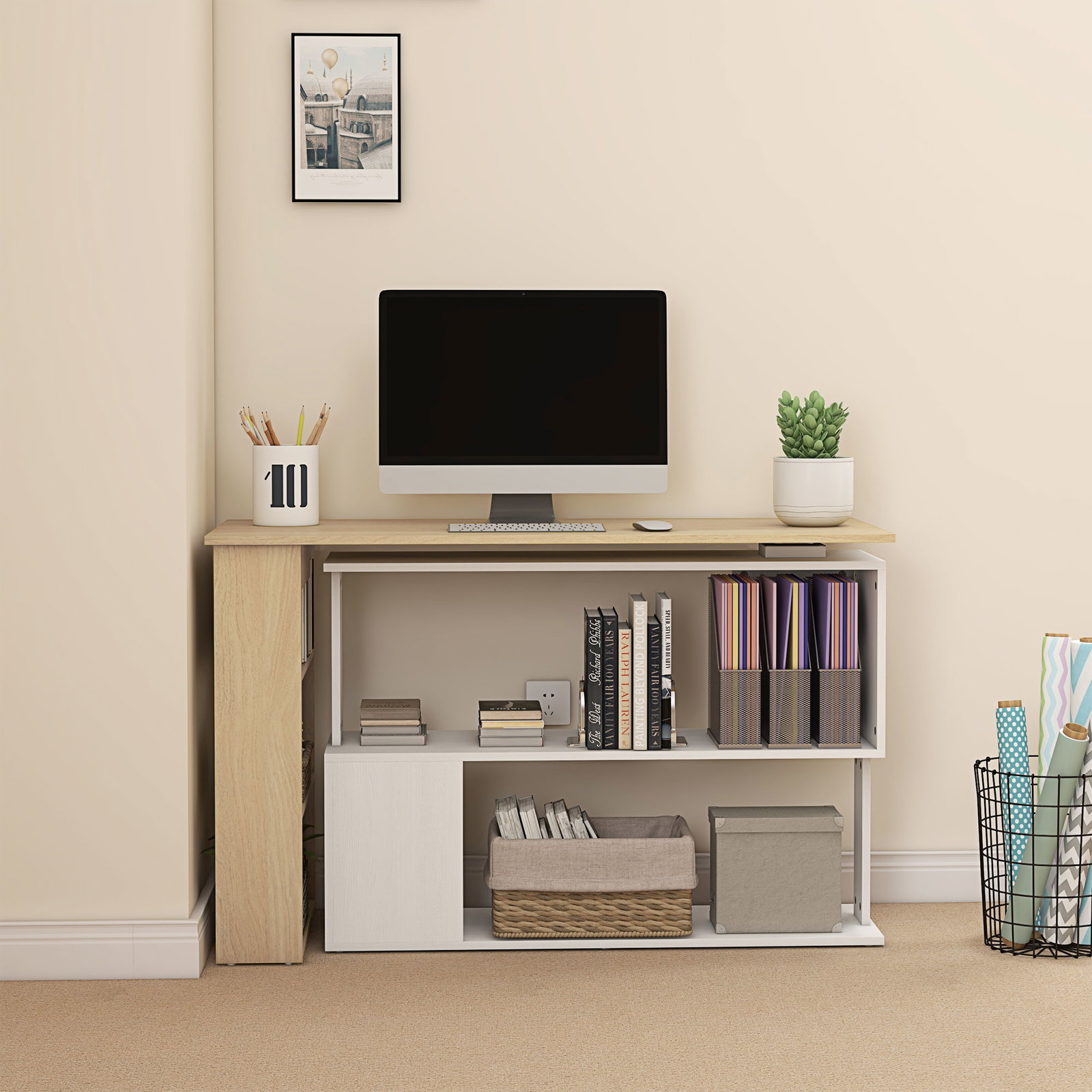 Mesa de computador secretária mesa de canto giratória 360° com 5 prateleiras 120x110x74,5 cm madeira e branco