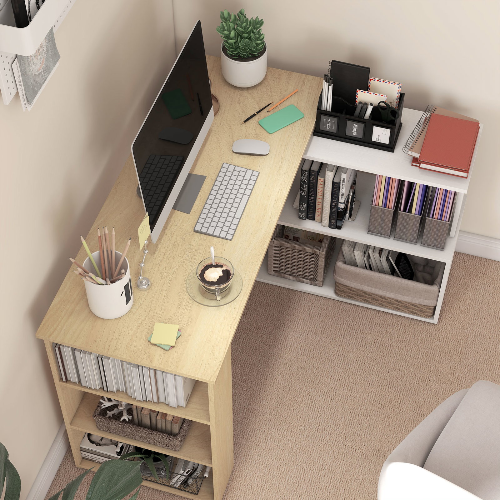 Mesa de computador secretária mesa de canto giratória 360° com 5 prateleiras 120x110x74,5 cm madeira e branco
