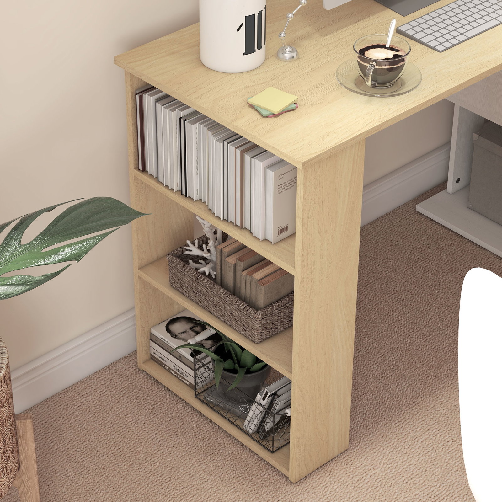Mesa de computador secretária mesa de canto giratória 360° com 5 prateleiras 120x110x74,5 cm madeira e branco