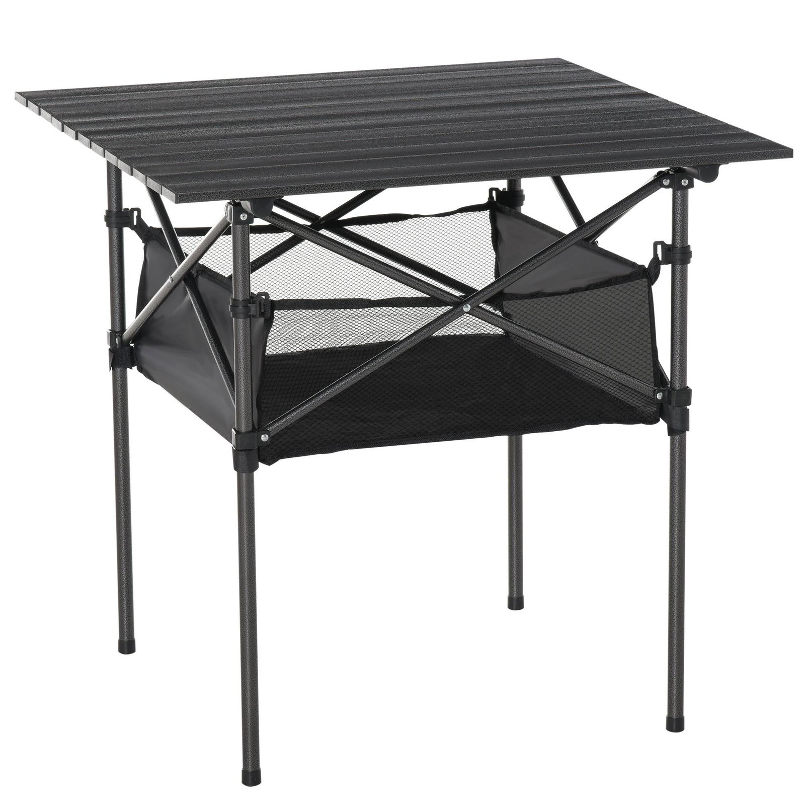 Mesa de camping dobrável amplo espaço de armazenamento com malha e bolsa de transporte 70x70x69 cm preto