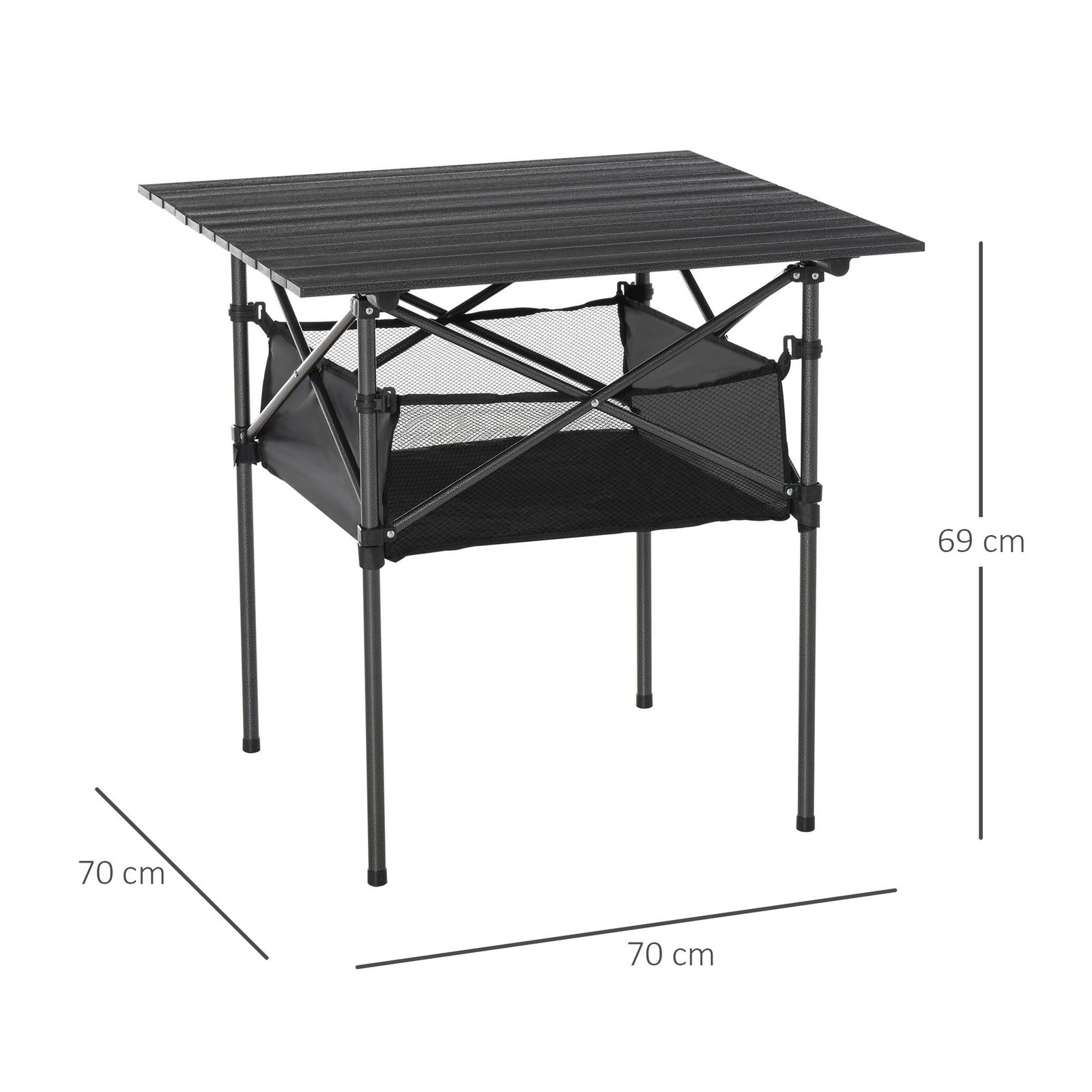 Mesa de camping dobrável amplo espaço de armazenamento com malha e bolsa de transporte 70x70x69 cm preto