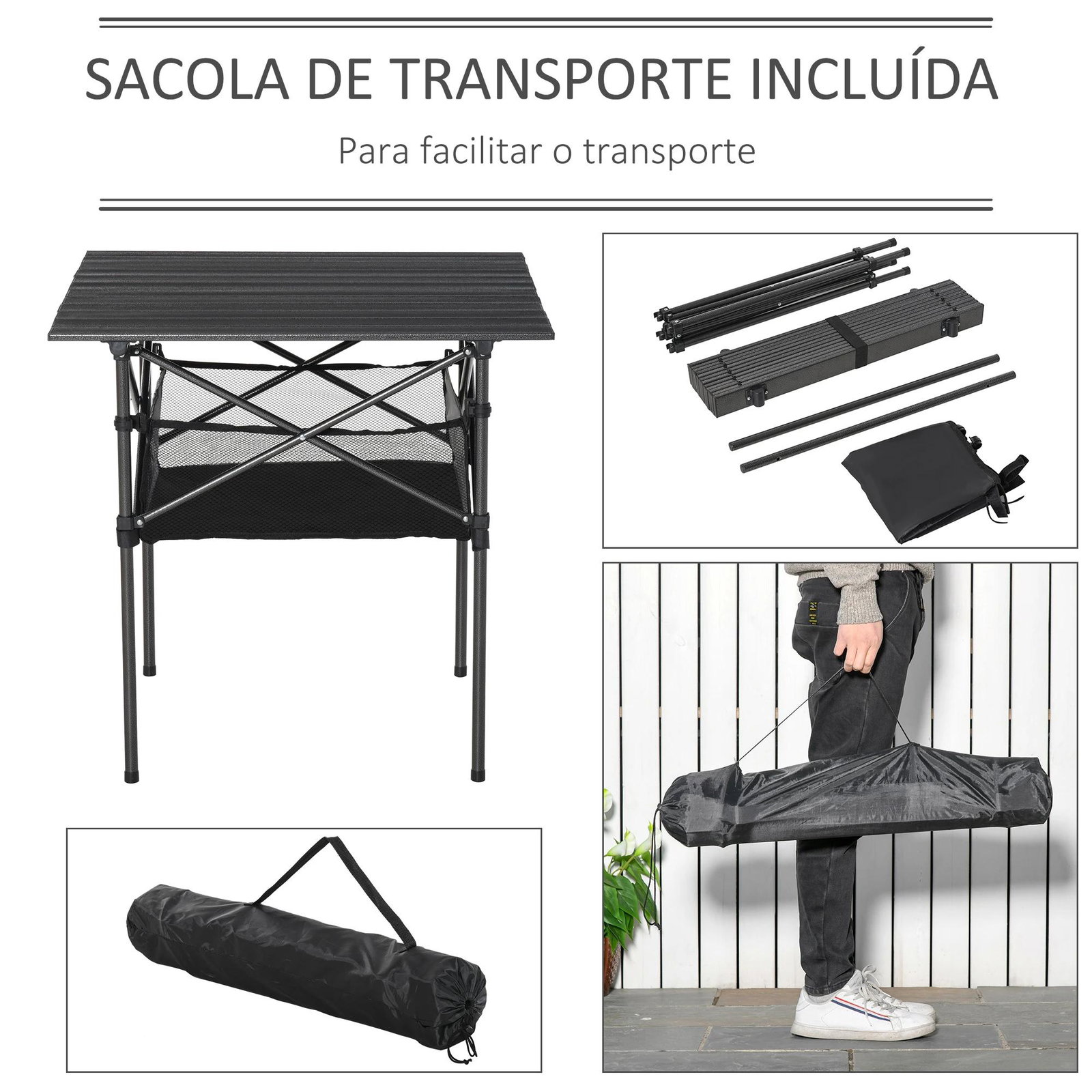 Mesa de camping dobrável amplo espaço de armazenamento com malha e bolsa de transporte 70x70x69 cm preto