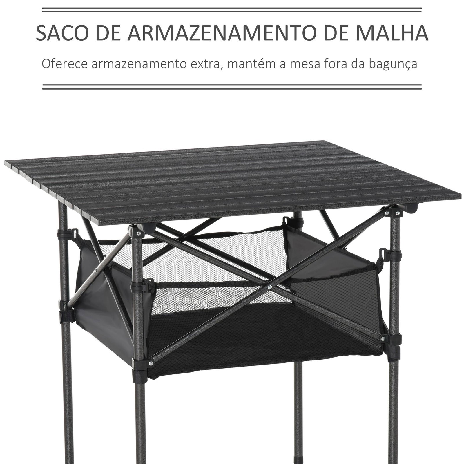 Mesa de camping dobrável amplo espaço de armazenamento com malha e bolsa de transporte 70x70x69 cm preto