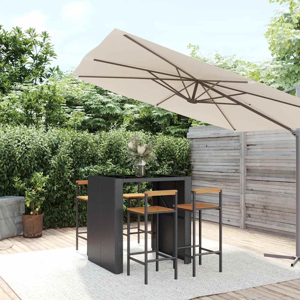 5 Pcs conjunto de bar p/ jardim vime PE/acácia maciça preto