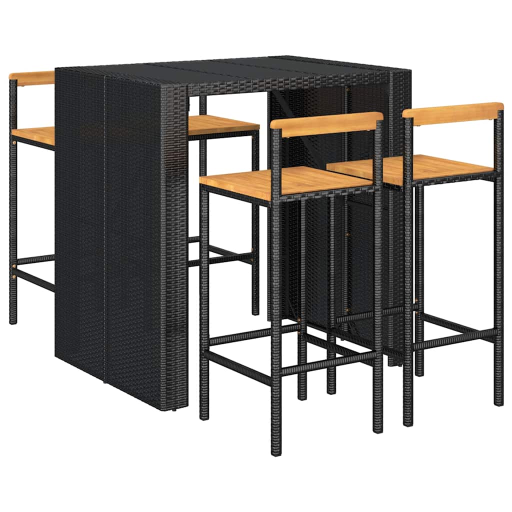 5 Pcs conjunto de bar p/ jardim vime PE/acácia maciça preto