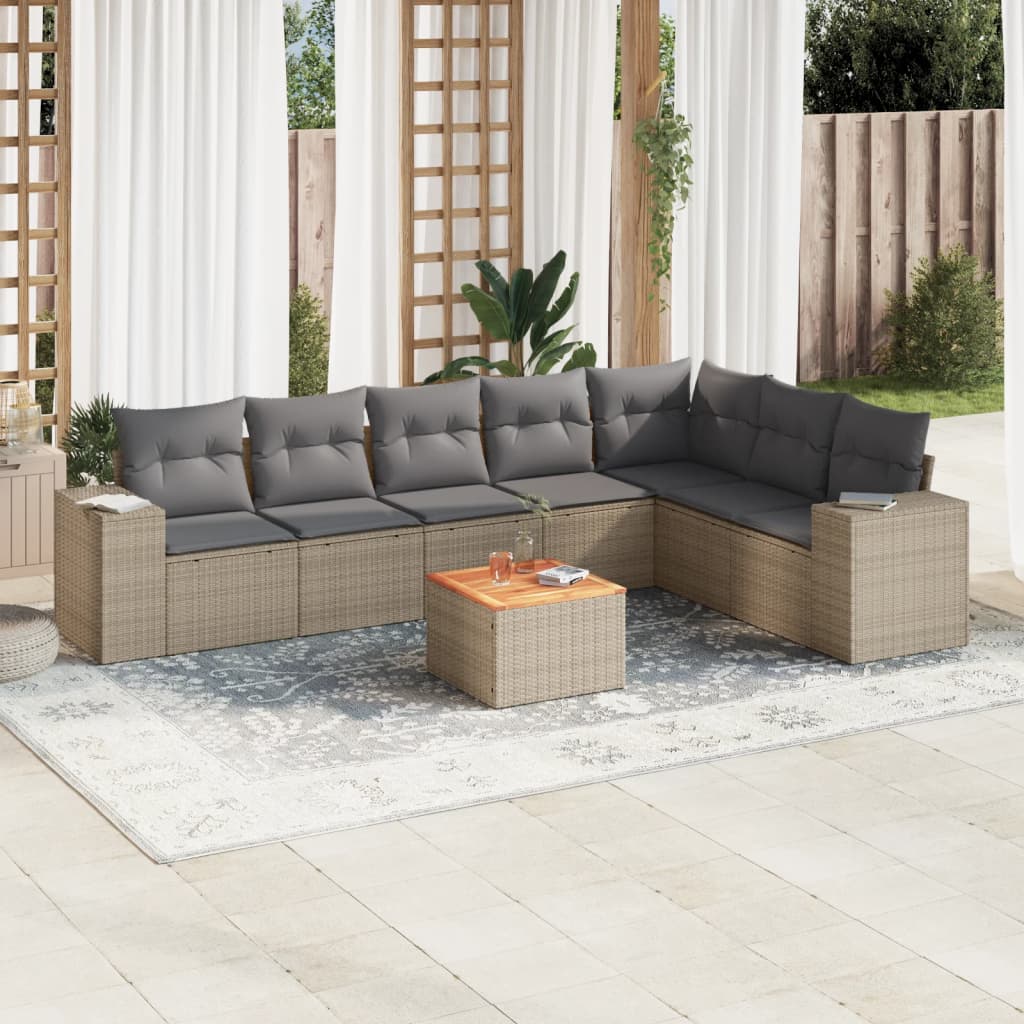 8 Pcs conjunto de sofás p/ jardim com almofadões vime PE bege