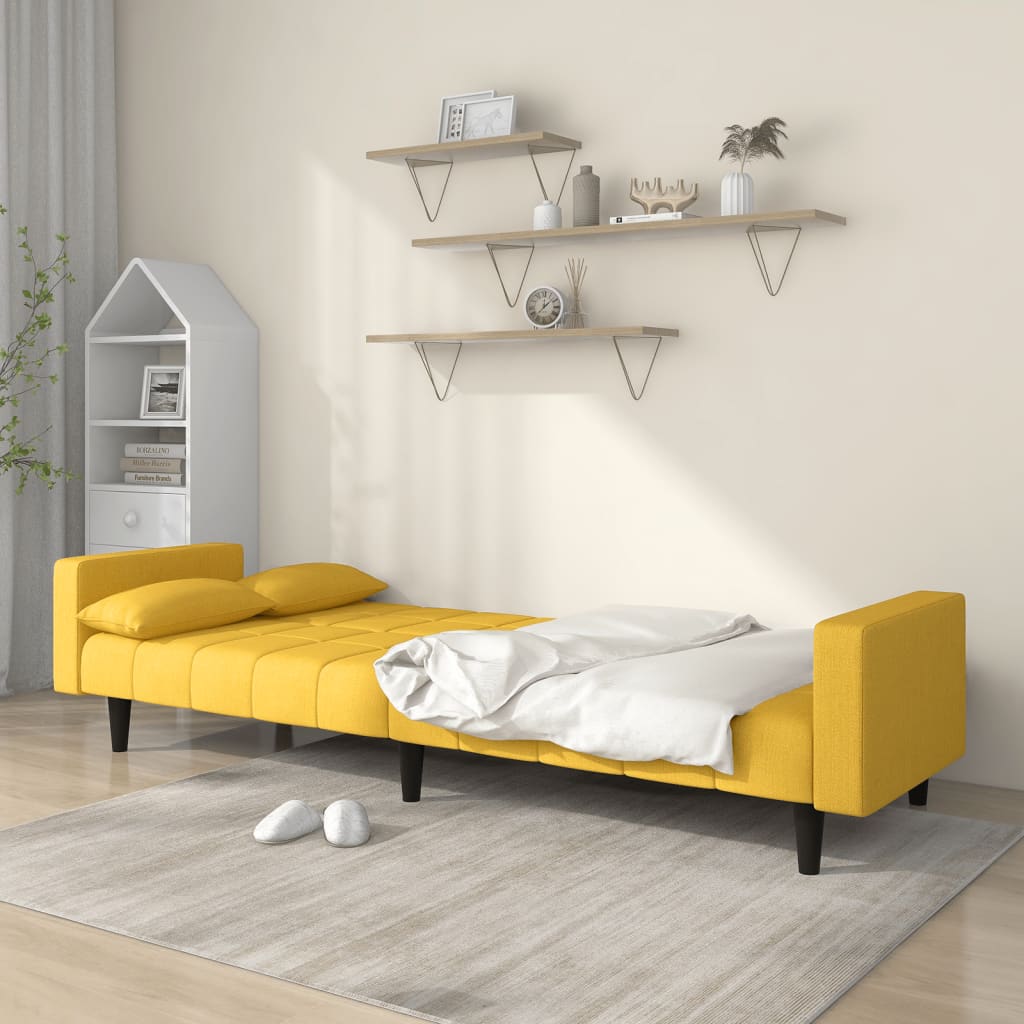 Sofá-cama 2 lugares com duas almofadas tecido amarelo