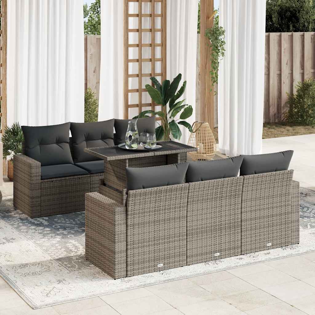 7 Pcs conjunto sofás p/ jardim c/ almofadões vime PE cinzento
