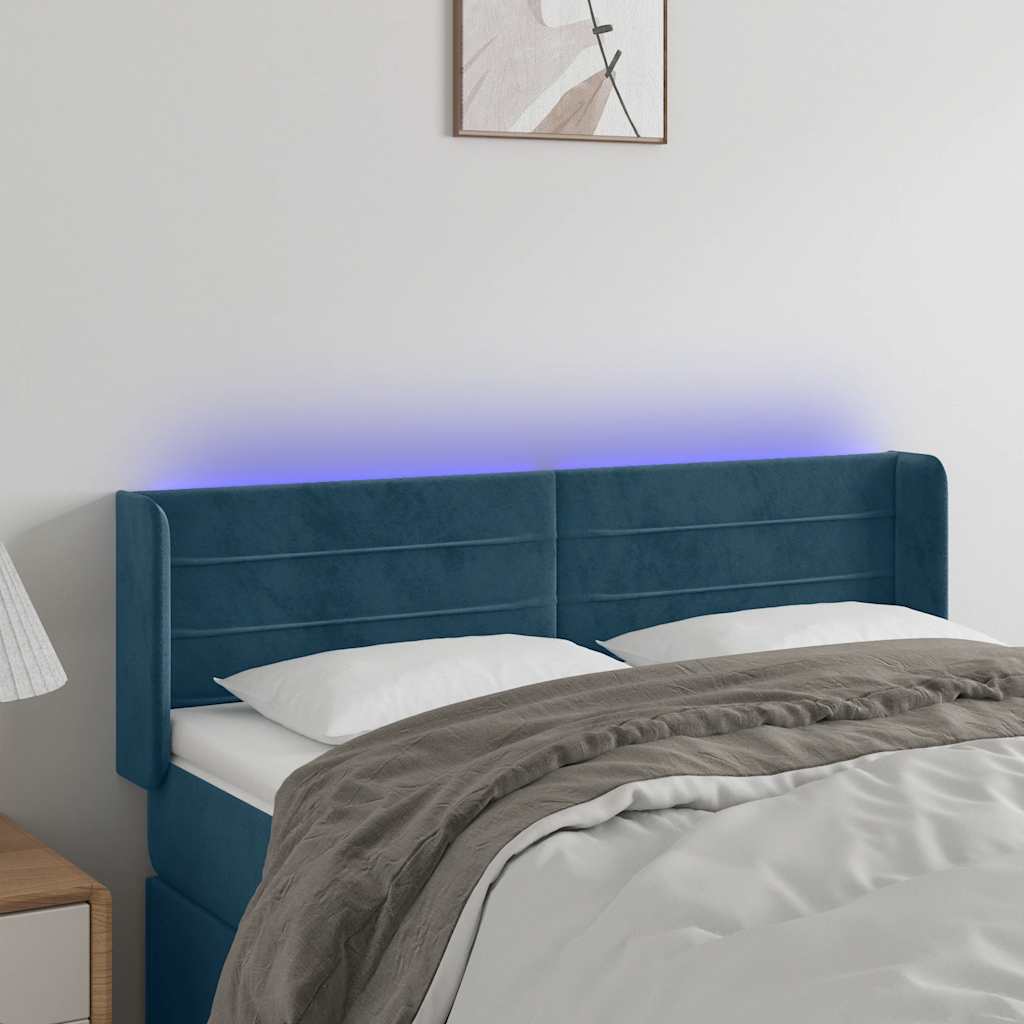 Cabeceira cama c/ luzes LED veludo 147x16x78/88 cm azul-escuro
