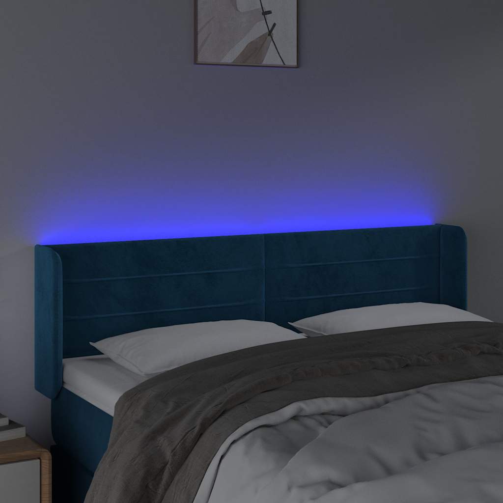 Cabeceira cama c/ luzes LED veludo 147x16x78/88 cm azul-escuro