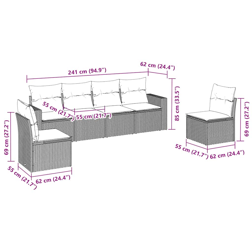 6 Pcs conjunto de sofás jardim c/ almofadões vime PE castanho