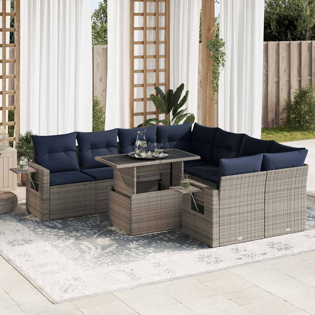 9 Pcs conjunto sofás p/ jardim almofadões vime PE/acácia cinzento