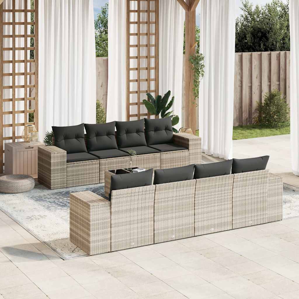 9 Pcs conj. sofás jardim com almofadões vime PE cinzento-claro