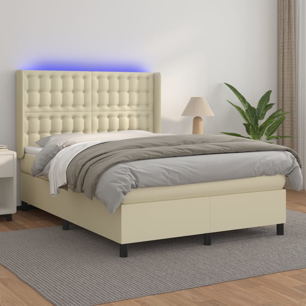 Cama box spring c/ colchão/LED 140x190cm couro artificial creme
