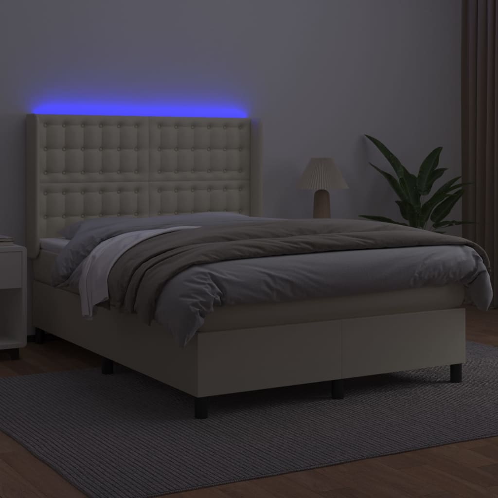 Cama box spring c/ colchão/LED 140x190cm couro artificial creme