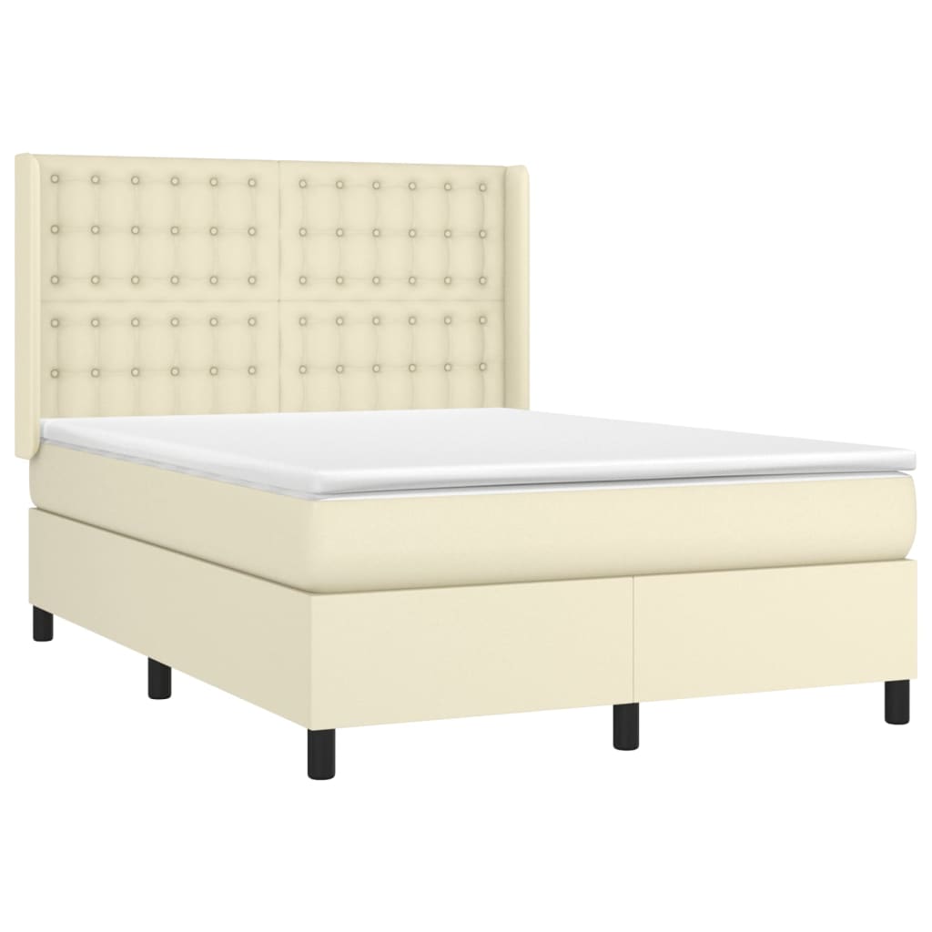 Cama box spring c/ colchão/LED 140x190cm couro artificial creme