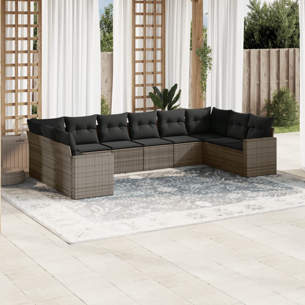 10 Pcs conjunto sofás de jardim c/ almofadões vime PE cinzento
