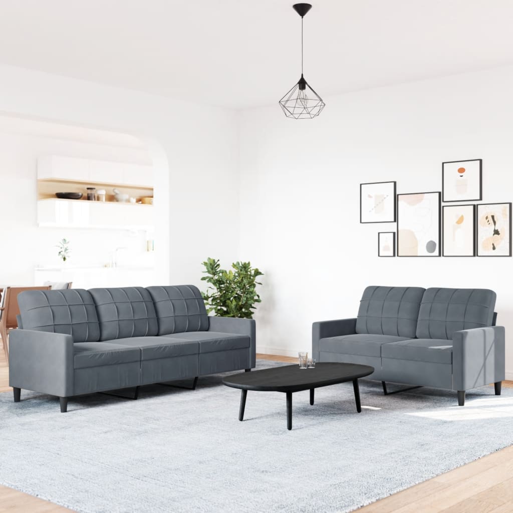 2 Pcs conjunto de sofás com almofadões veludo cinzento-escuro