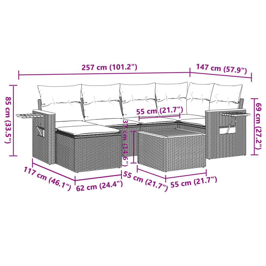 7 Pcs conjunto de sofás p/ jardim c/ almofadões vime PE preto