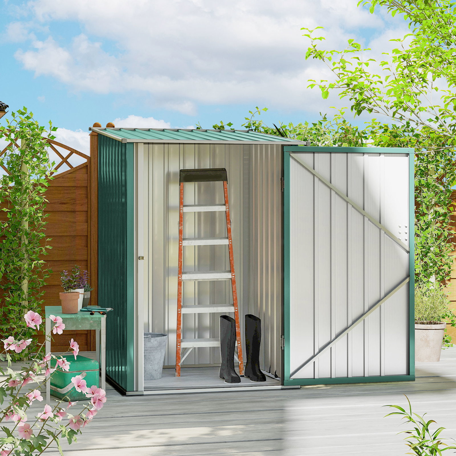 Abrigo de jardim de aço galvanizado com porta fechadura e teto inclinado 0,92 m² 100x103x160cm verde