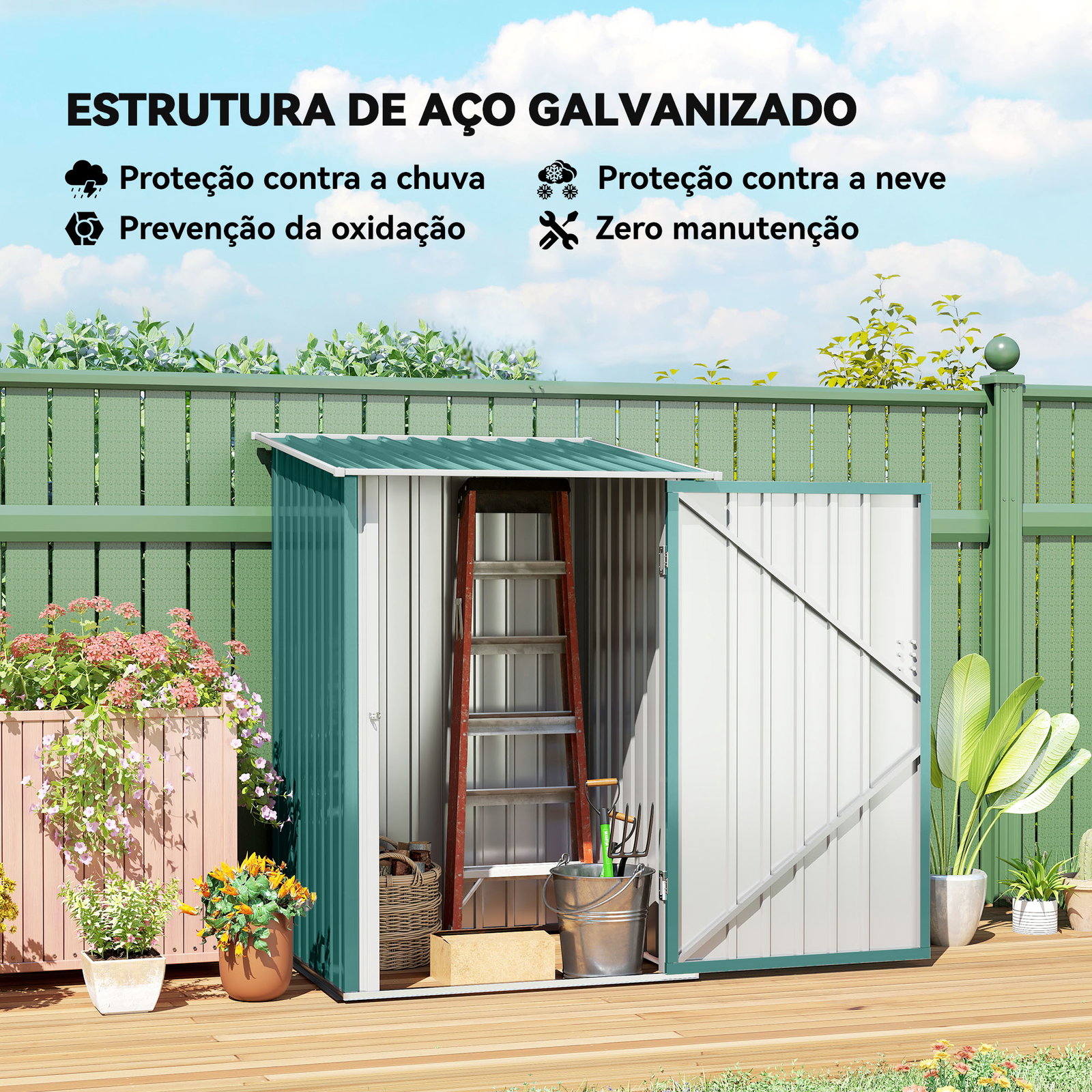 Abrigo de jardim de aço galvanizado com porta fechadura e teto inclinado 0,92 m² 100x103x160cm verde