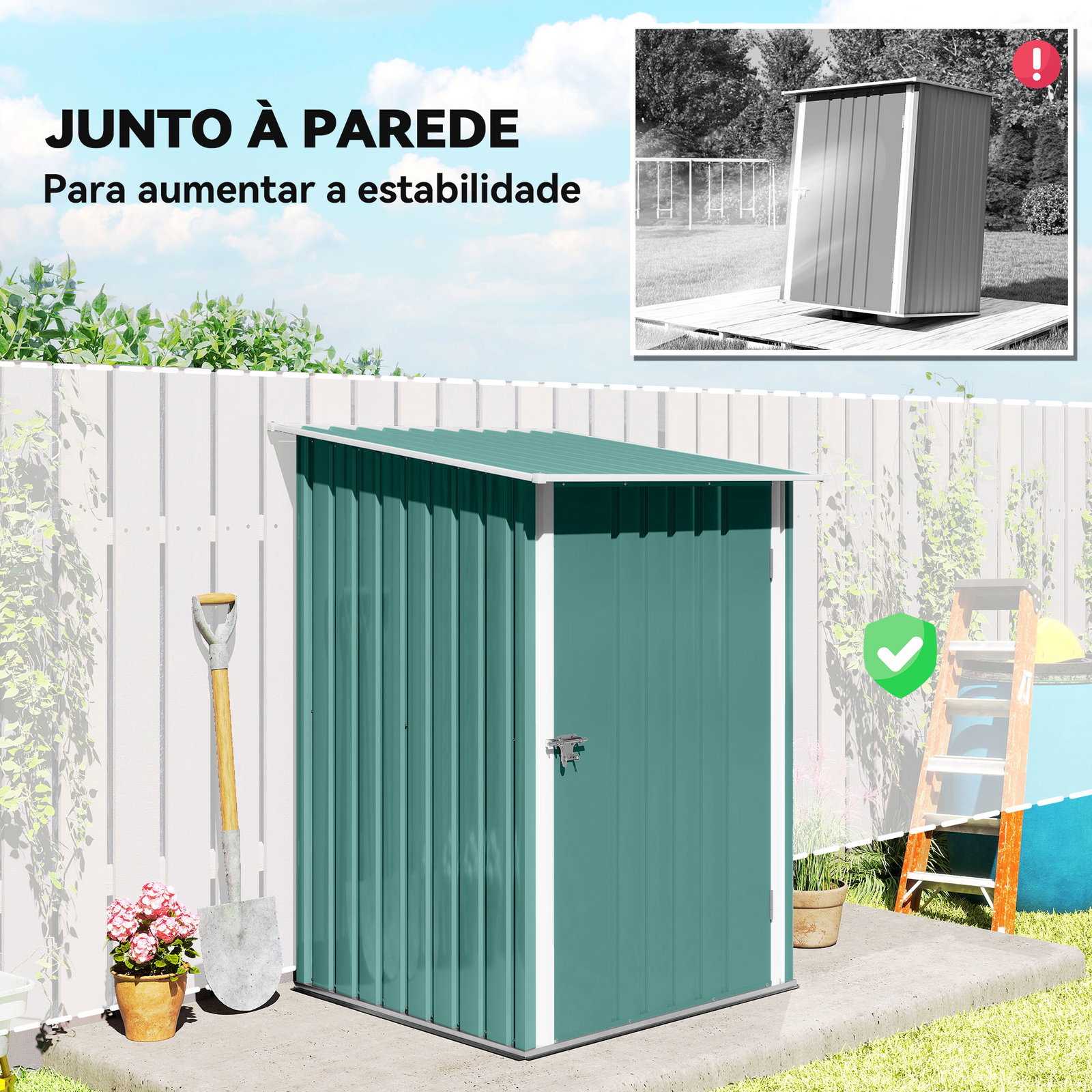 Abrigo de jardim de aço galvanizado com porta fechadura e teto inclinado 0,92 m² 100x103x160cm verde