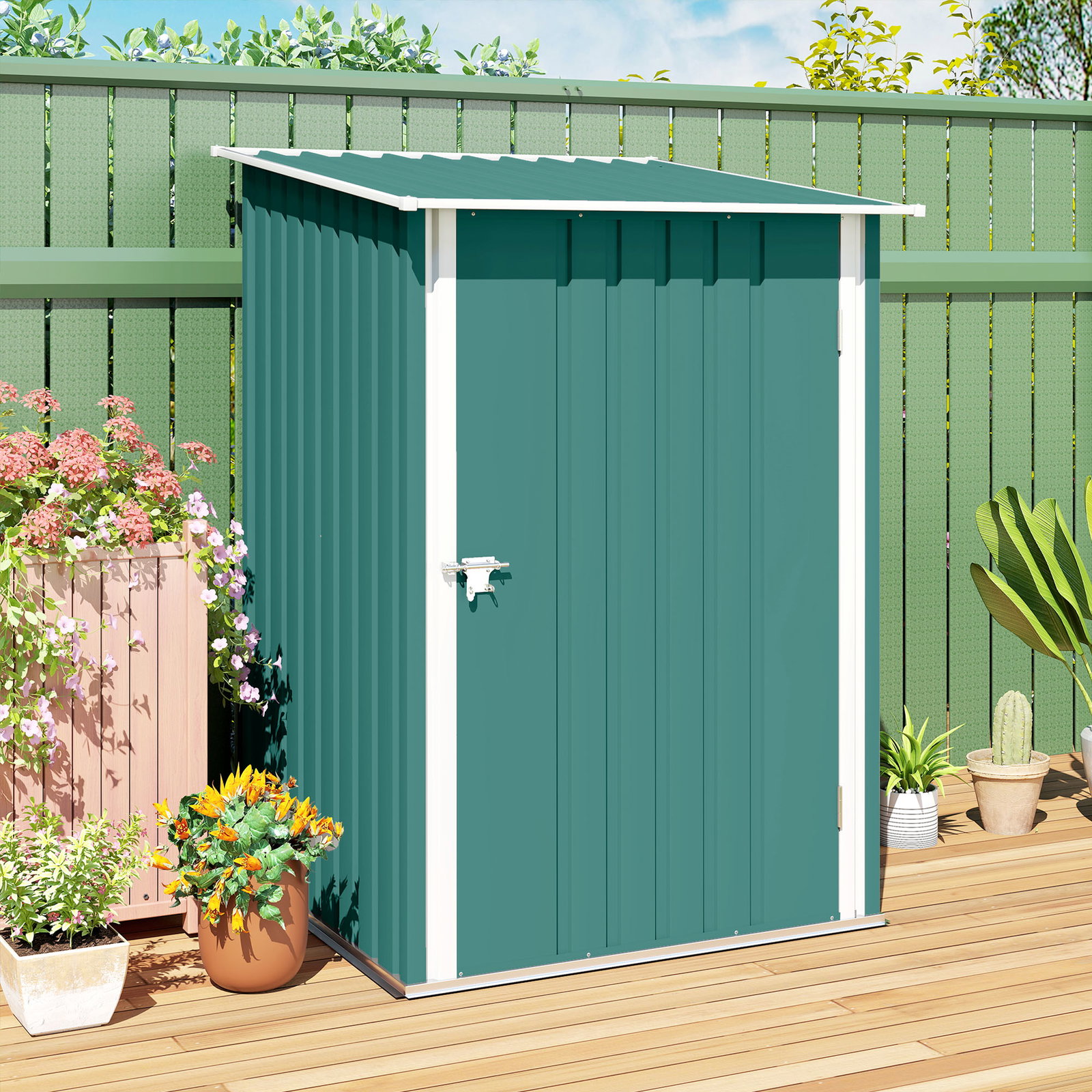 Abrigo de jardim de aço galvanizado com porta fechadura e teto inclinado 0,92 m² 100x103x160cm verde